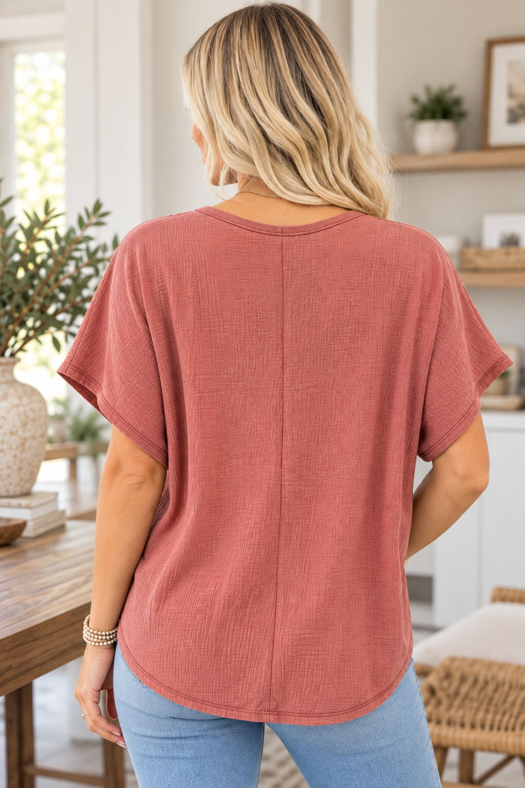 Take It Easy Textured Henley Top – Dusty Rose