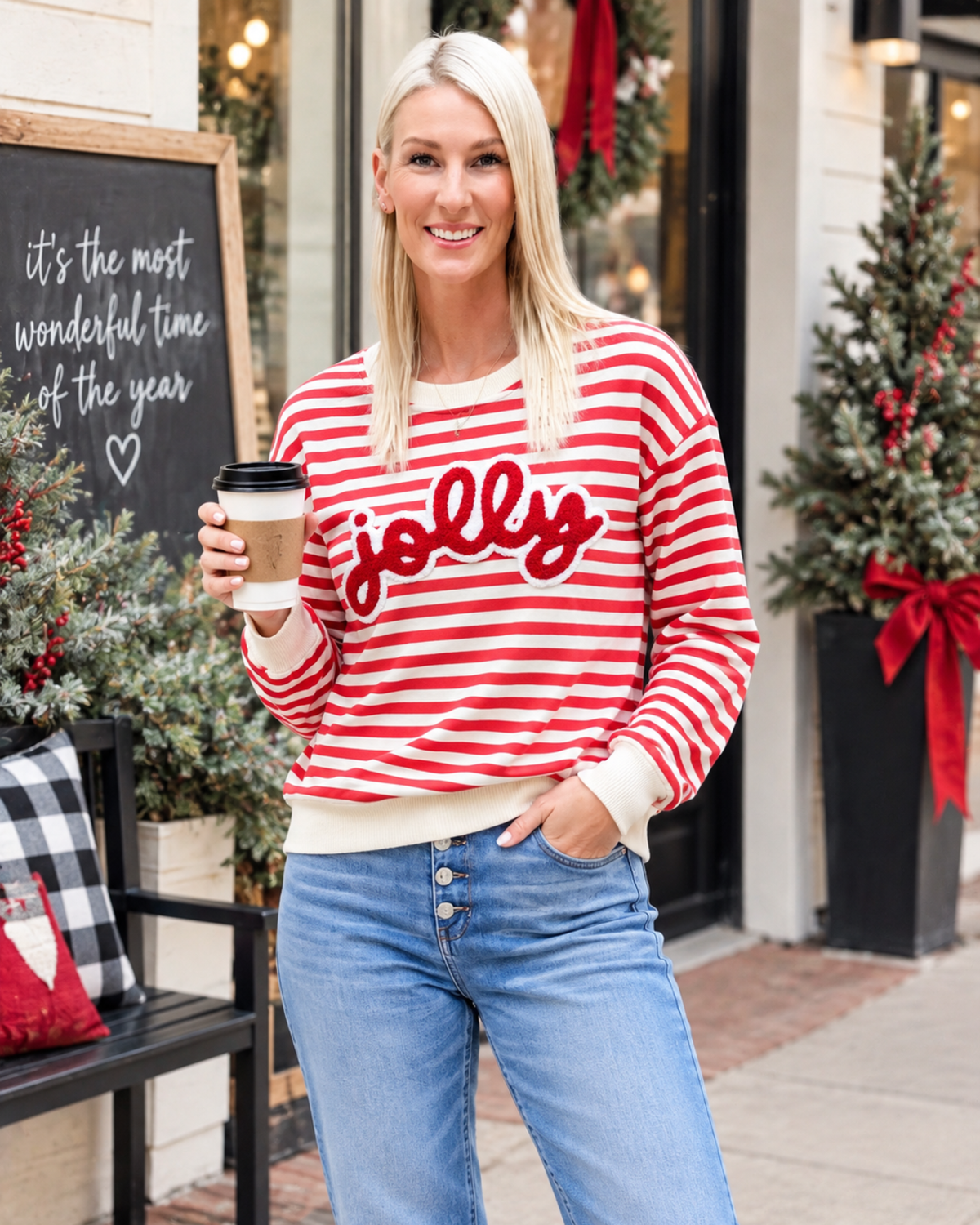 Jolly Striped Christmas Sweatshirt – Red & Cream
