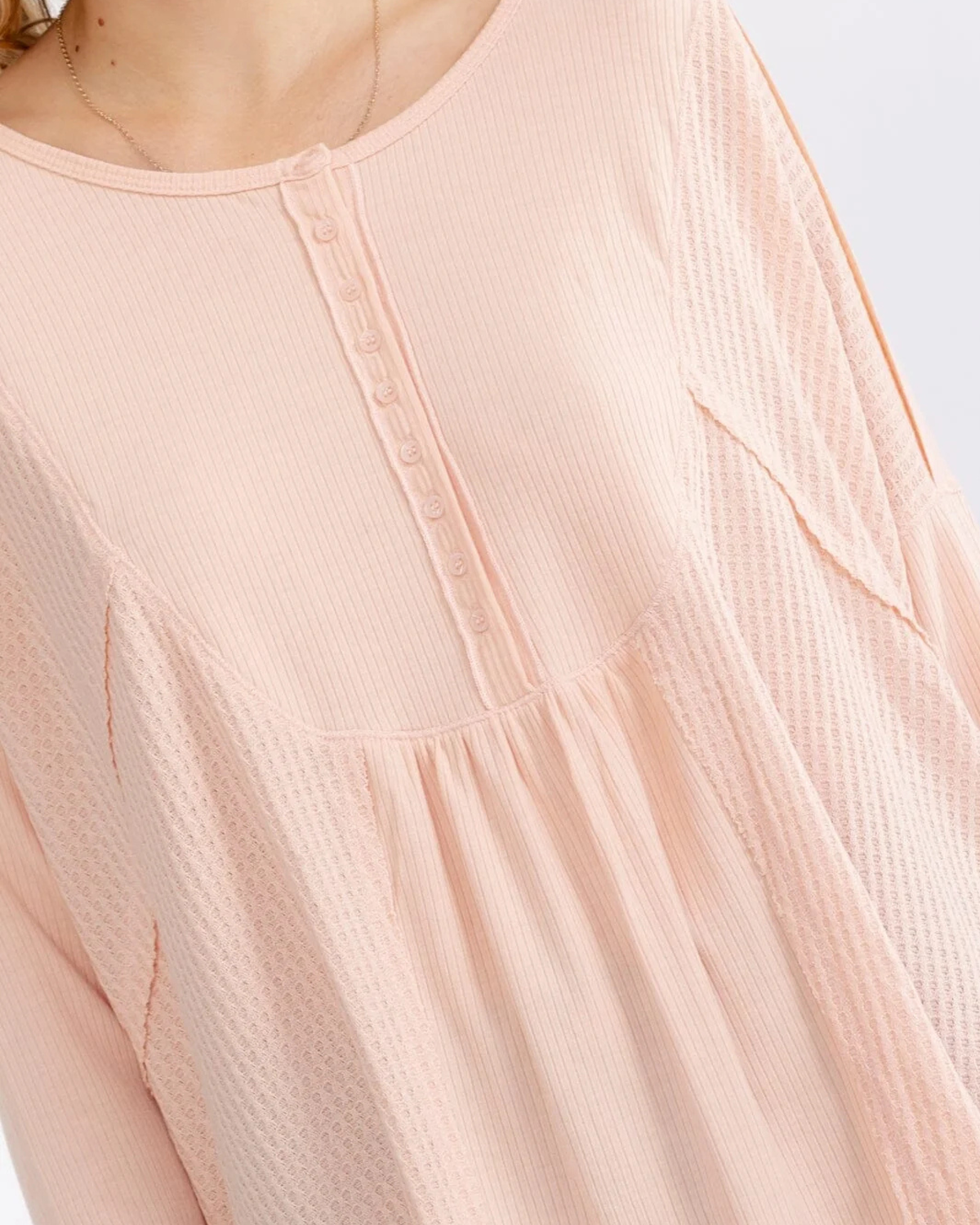 Easy Does It Mixed Texture Henley Top – Peach