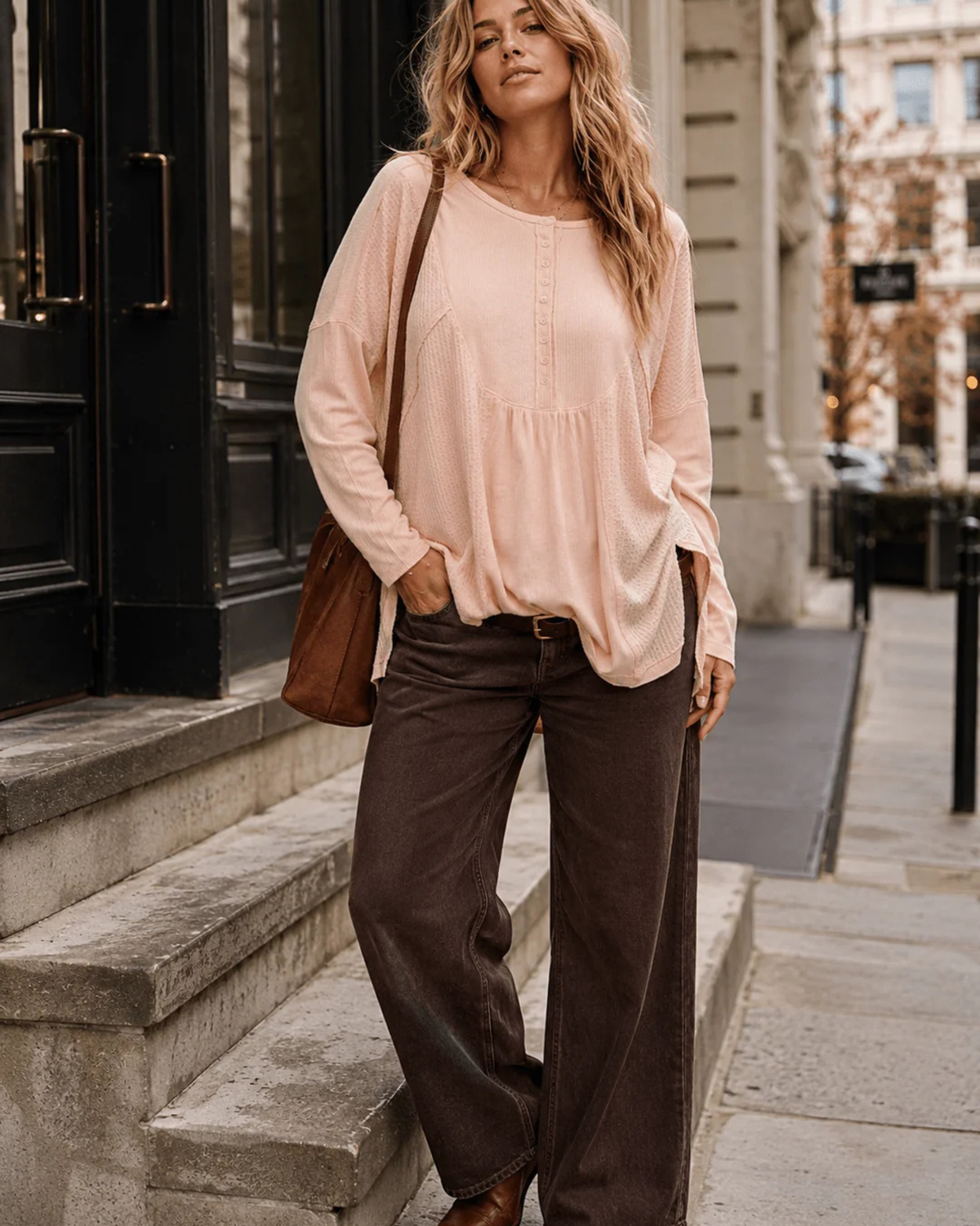 Easy Does It Mixed Texture Henley Top – Peach