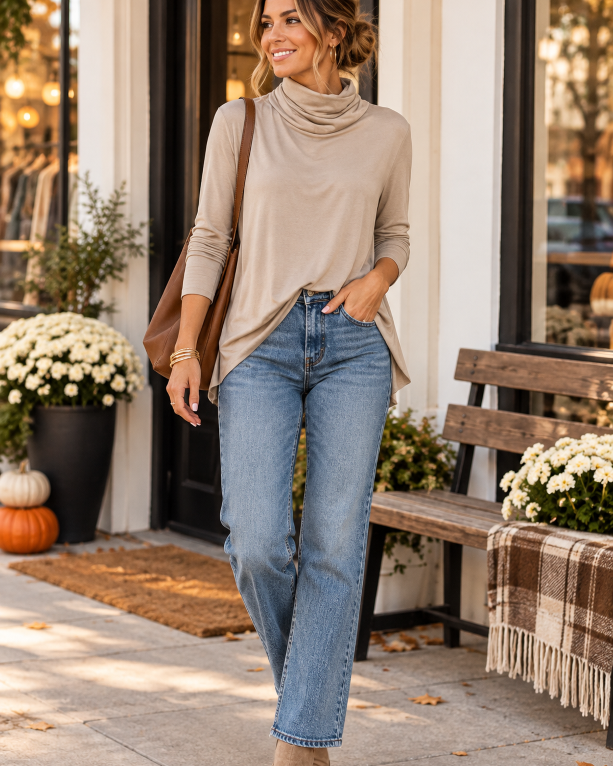 The Avery Draped Turtleneck Top | Oatmeal