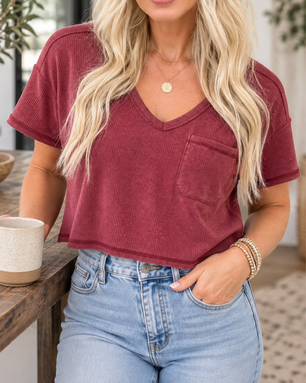Easy Does It Ribbed V-Neck Crop Top - Wine