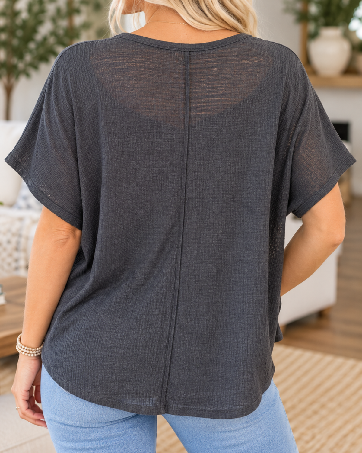 Take It Easy Textured Henley Top – Charcoal
