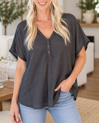 Take It Easy Textured Henley Top – Charcoal