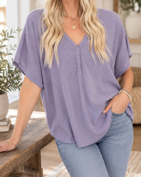 Take It Easy Textured Henley Top – Dusty Lavender