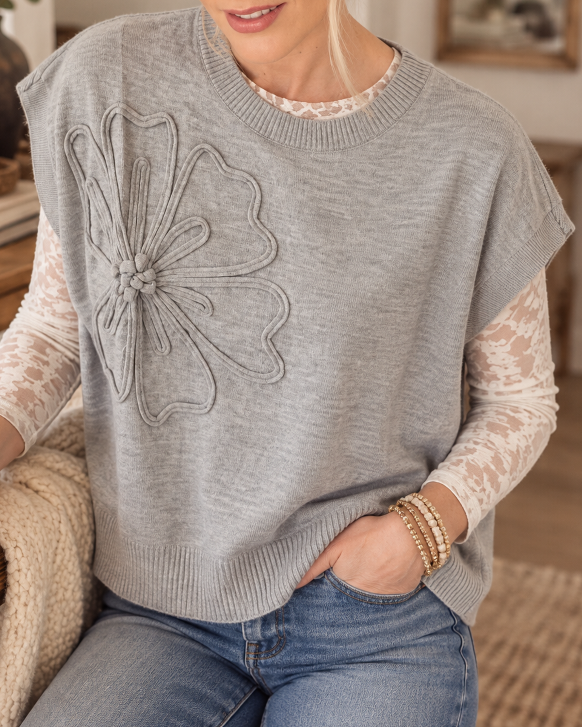 In Full Bloom 3D Floral Sweater Vest – Heather Gray