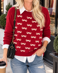 Playful Mustache Print Knit Sweater – Red
