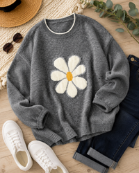 Gray Daisy Floral Knit Sweater