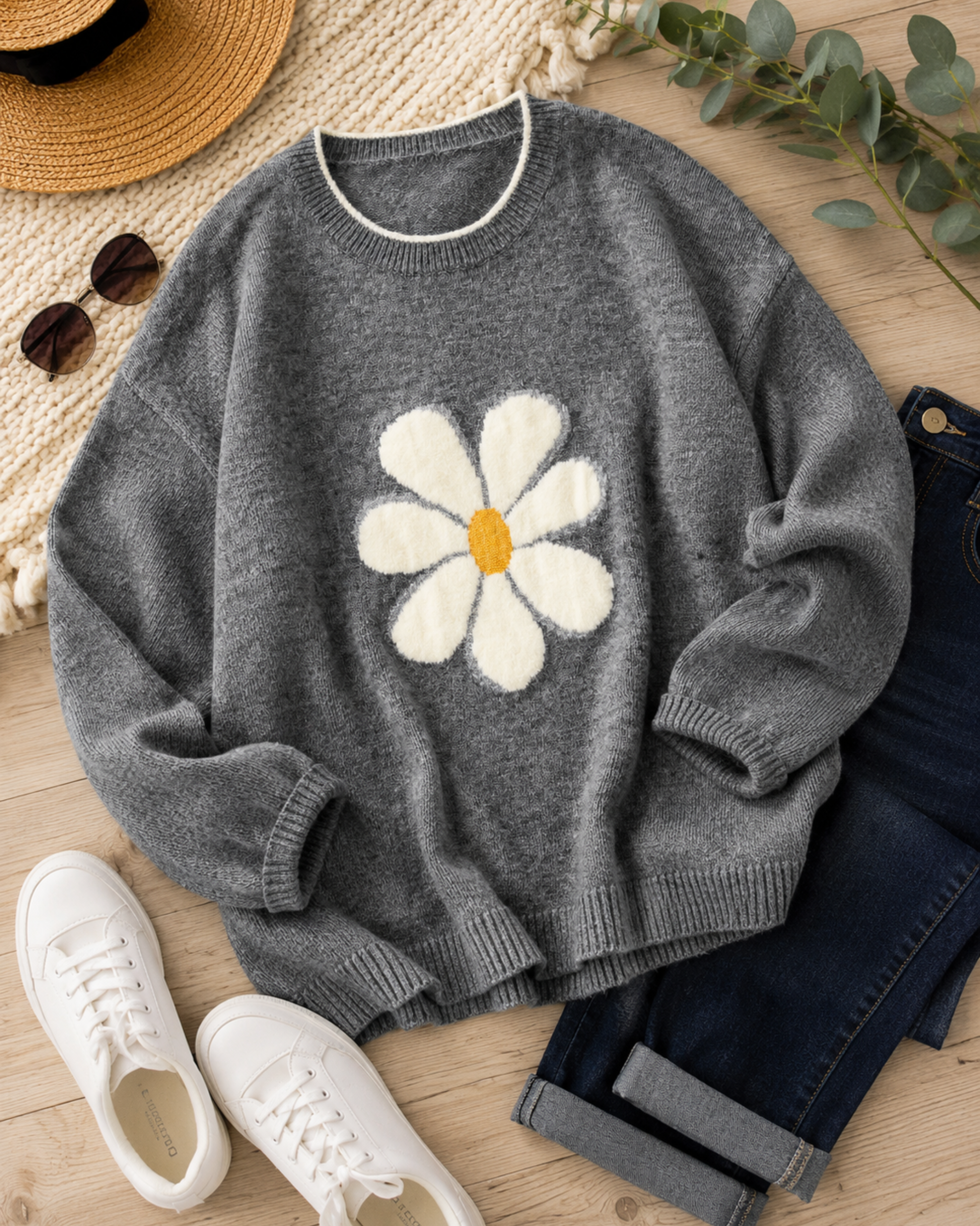Gray Daisy Floral Knit Sweater