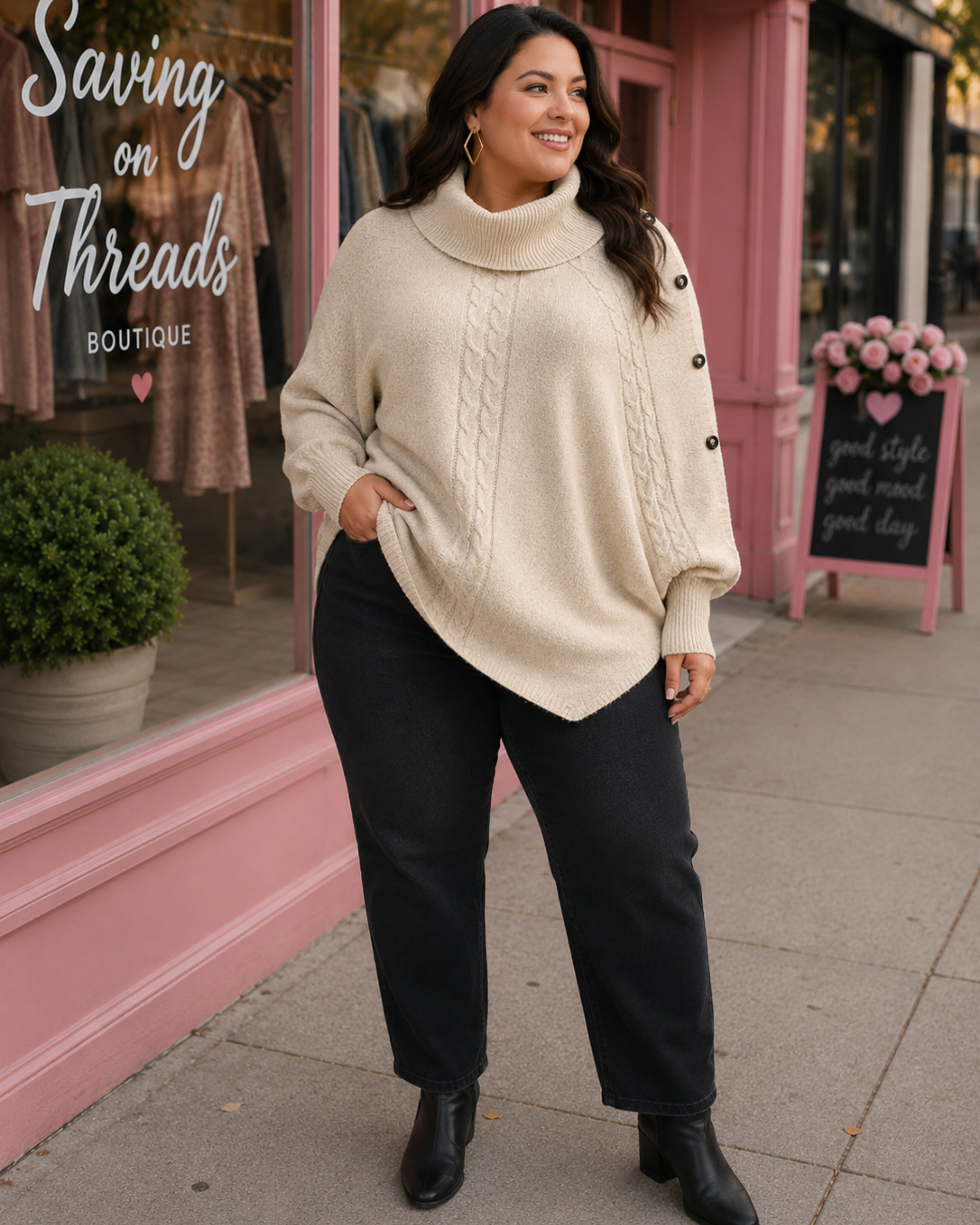 Cozy Cable Knit Cowl Neck Poncho Sweater – Oatmeal